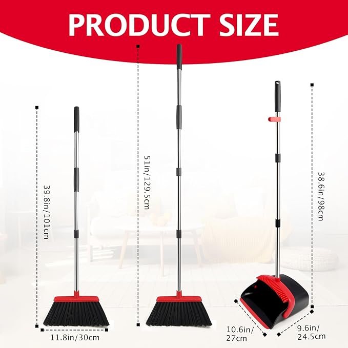 Broom and Dustpan Set with Long Handle Heavy Dust Broom and Dustpan Combo for HomeKitchen Office Pet Hair (Black Red)