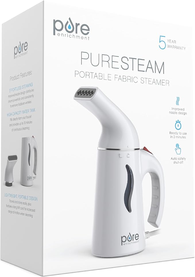 Pure Enrichment PureSteam Portable Fabric Steamer - Handheld Travel Garment Steamer Removes Wrinkles &amp is Safe on All Fabrics - Fast-Heating Lightweight Auto Safety Shut-Off &amp Long Cord (Wh