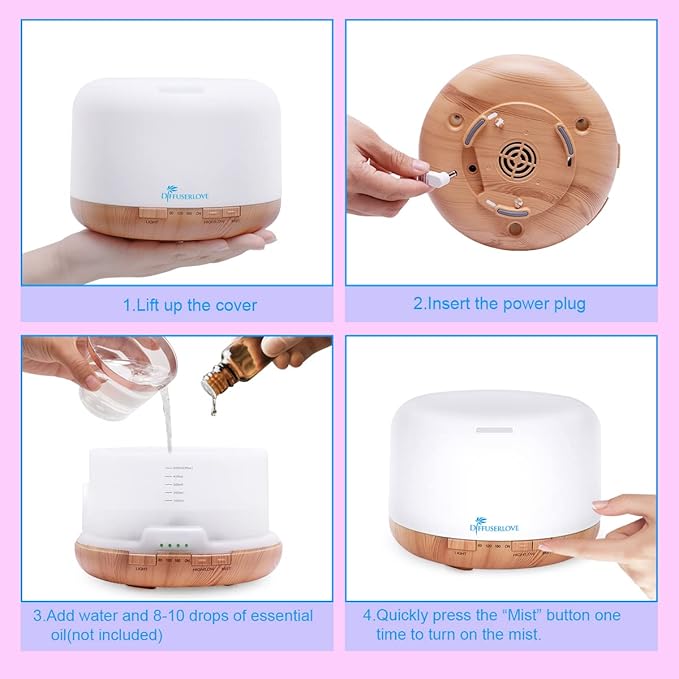 Diffuserlove Diffuser Essential Oil Diffusers 500ML Remote Control Aroma Diffuser Cool Mist Aromatherapy Diffuser with Mute Design Timer and Auto Shut-Off for Office Living Room Yellow