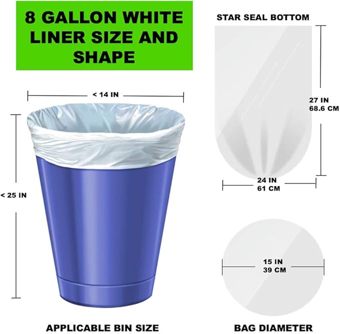 8 Gallon Medium Trash Bags White Kitchen Garbage Bags Plastic Wastebasket Trash Can Liners for Home and Office Bins 220 Count
