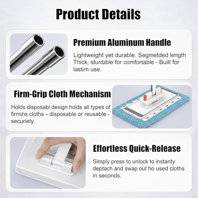 Snap Grip Mini Mop Clever Zero Touch Cloth Changing Mini Mops Cloth Changing MiniMop with Automatic Hands Free Push Pull Handle Retractable Disposable Dust Mops for Multi Cleaning (27in)
