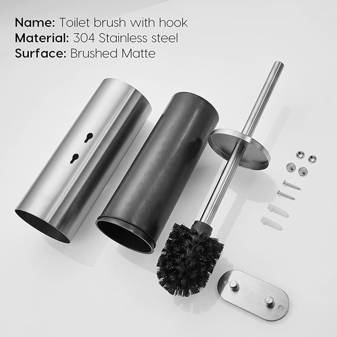 Brushed Stainless Steel Toilet Brush and Cover No-Punch Hook Base Dual Purpose Toilet Brush Holder with Removable Inner Bucket and Splash Cover - Soft Bristles (Brushed)