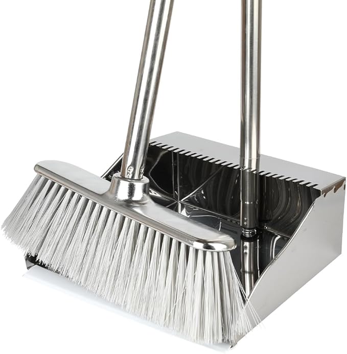 Metal Dustpan with Broom Set Long Handle Stainless Steel DustpanHeavy Duty Standing Dust Pan with Teeth Indoor Outdoor Up for Home Kitchen Lobby Room Office