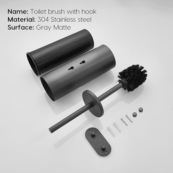 Stainless Steel Toilet Brush and Holder Set No-Punch Hook Base Dual Purpose Toilet Brush Holder with Removable Inner Bucket and Splash Cover - Soft Bristles (Gray)