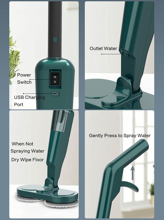 Cordless Electric Mop Scrubber Floor Cleaners Electric Spin Mop with Water Tank and Spray 60 min-Running Powerful Hardwood Electric Floor Cleaner Machine for Hard Floor Tile (Green)