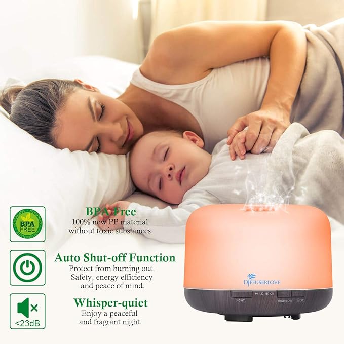 Diffuserlove Essential Oil Diffuser 500ML Aromatherapy Diffuser Mist Humidifiers 7 Color LED Lights Diffusers for Home Office Bedroom (Size:6.7 L x 6.7 W x 4.7 H)