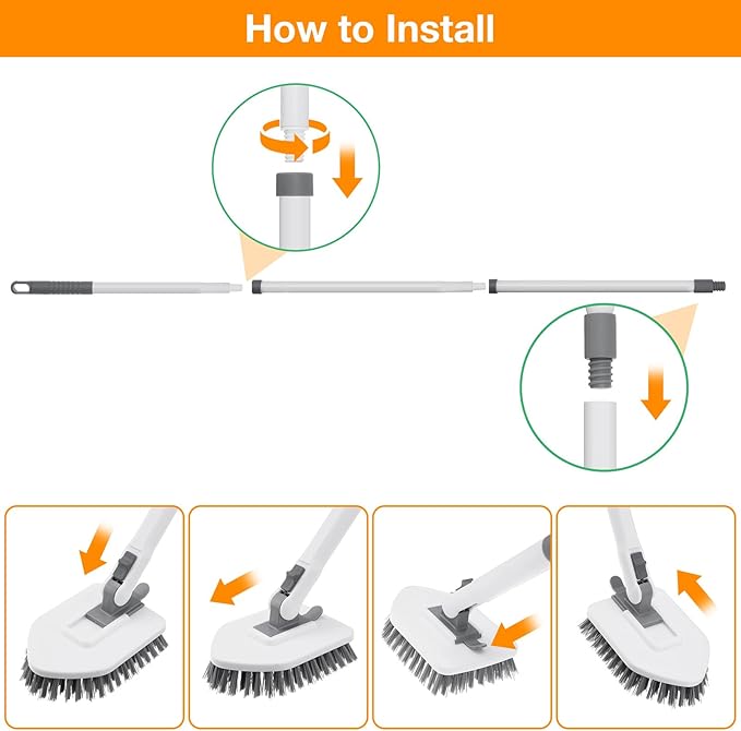 4 in 1 Shower Scrubber Cleaning Brush Tub and Tile Scrubber with Long Handle Grout Brush Stiff Bristles Scrub Sponge Brushes Microfiber Pad for Toilet Bathroom Kitchen Wall Floor Glass Bathtub Sink
