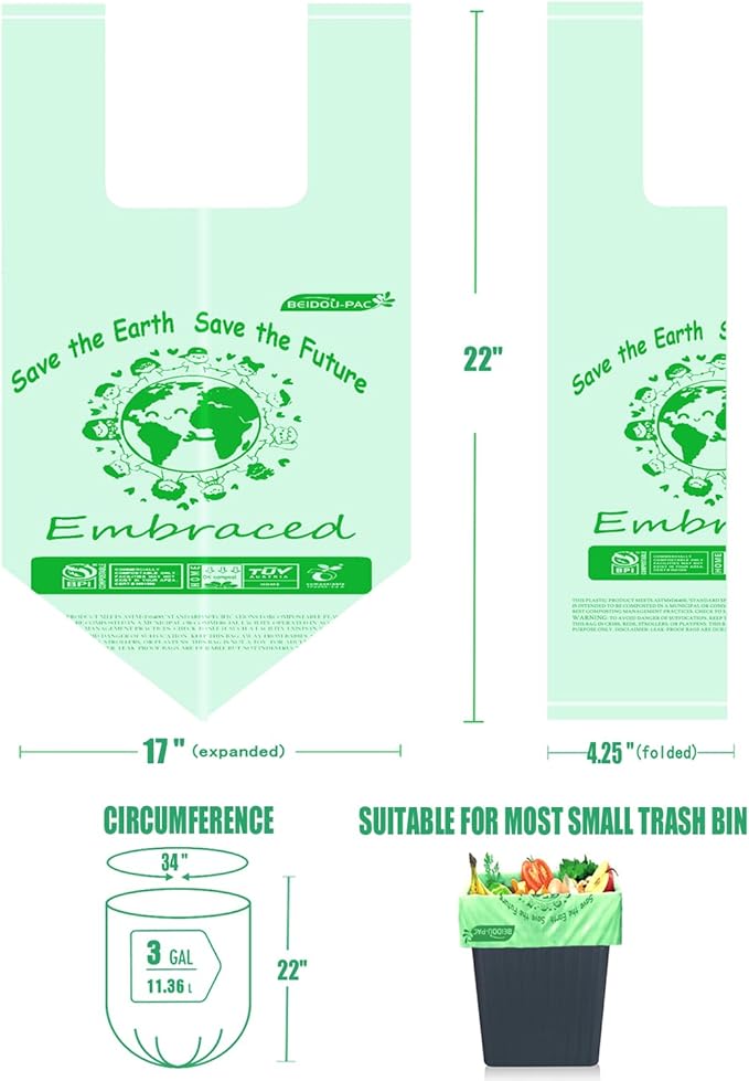 100% Compostable Trash Bags 3 Gallon Compost Bags Small Kitchen Trash Bags with Handle 200 Count Sturdy Biodegradable Garbage Bags Food Scrap Waste Bags ASTM D6400 US BPI Certified