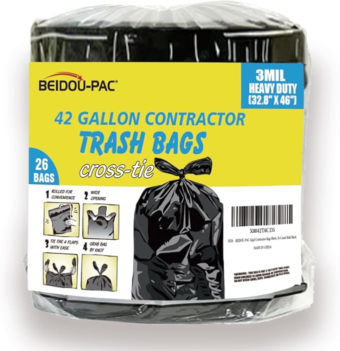 Contractor Heavy Duty Trash Bags 42 Gallon | 26 Count | 3 MIL | 32.8 X 46 | Large Black Flap Tie Construction Garbage Bags for Business Home Commercial Industrial Storage Outdoor