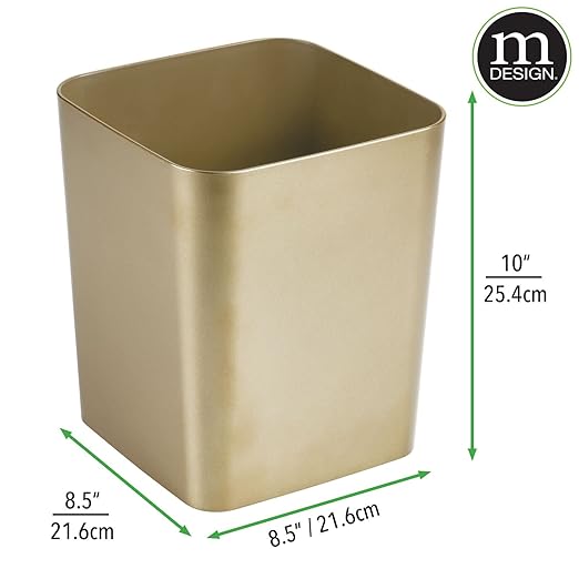 mDesign Square Shatter-Resistant Plastic Small Trash Can Wastebasket Garbage Container Bin for Bathrooms Powder Rooms Kitchens Home Offices - Soft Brass Finish