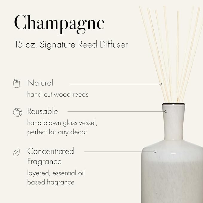 LAFCO New York Signature Reed Diffuser Champagne - 15 oz - Up to 9 Months Fragrance Life - Reusable Hand Blown Glass Vessel - Natural Wood Reeds - Made in The USA