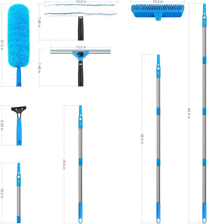 Window Squeegee5 in 1 Bendable Head Window Squeegee for Home61''Extension PolesBendable Head car Window Cleaner ToolSqueegee for Shower Glass（Blue）
