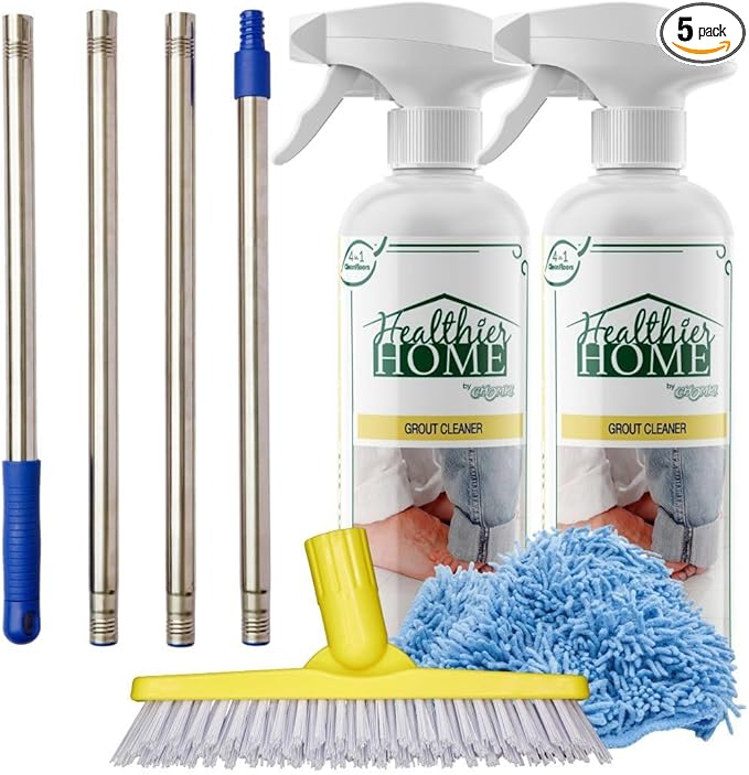CHOMP! Grout Cleaner Bundle Includes Long Handle Stand Up Brush Refreshes Grout and Removes Stains on Tile Floors and Bathroom Walls &amp Kitchens (5 Pack Set)