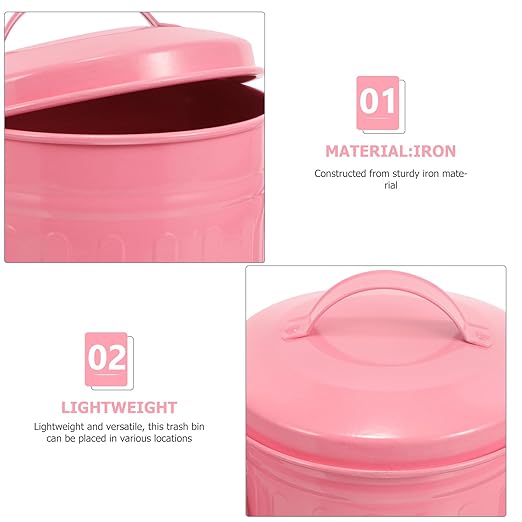 Metal Trash Can with Lid Small Desktop Garbage Bin Retro Pink Iron Table Wastebasket for Office and Bedroom Organization