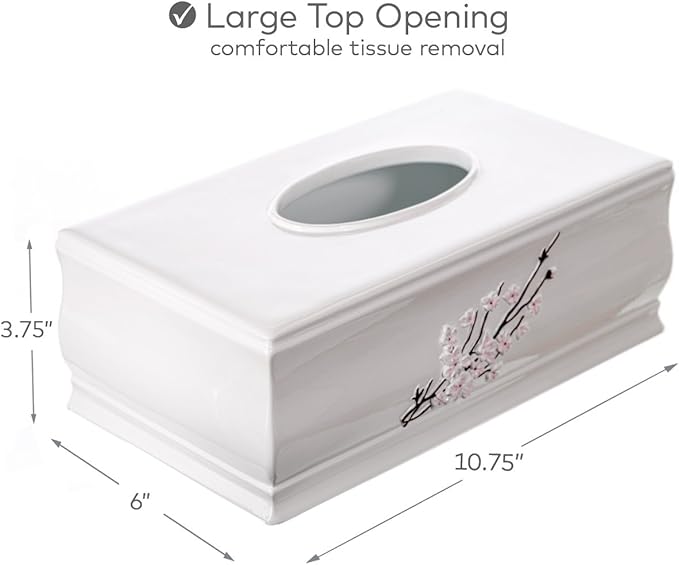 Creative Scents Vanda Rectangle Tissue Box Cover - Decorative Cherry Blossom Tissue Holder for Bathroom - White Tissue Box Holder Rectangular with Durable Bottom Slider - White Bathroom Accessories