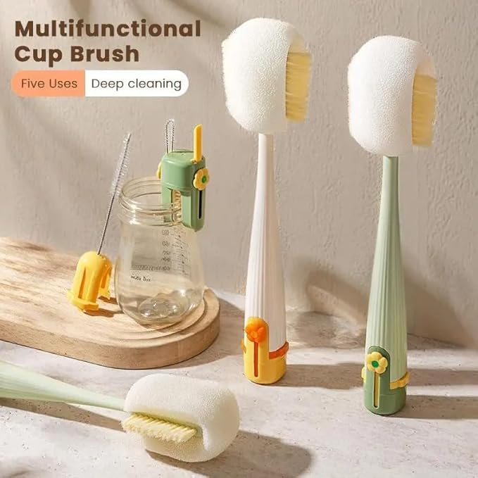 5-in-1 Baby Bottle Brush &amp Cup Cleaner 360-Degree Cleaning Brush Set with Replaceable Brush Heads One-Click Lock for Deep Cleaning Straws Mugs Water Bottles