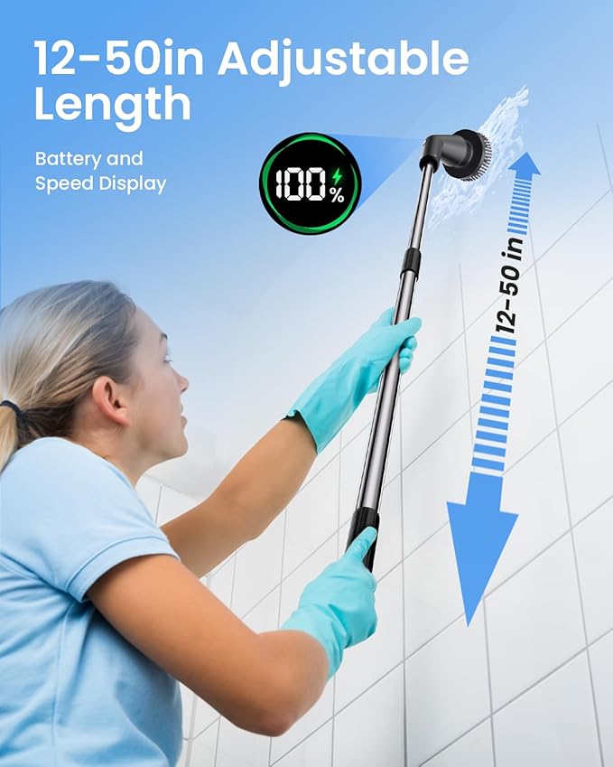 Leebein Electric Spin Scrubber Cordless Cleaning Brush for Bathroom Shower Tub IPX7 Waterproof Power Scrubber with 7 Brush Heads Extendable Long Handle and 2 Speeds Scrubber for Bathtub Floor
