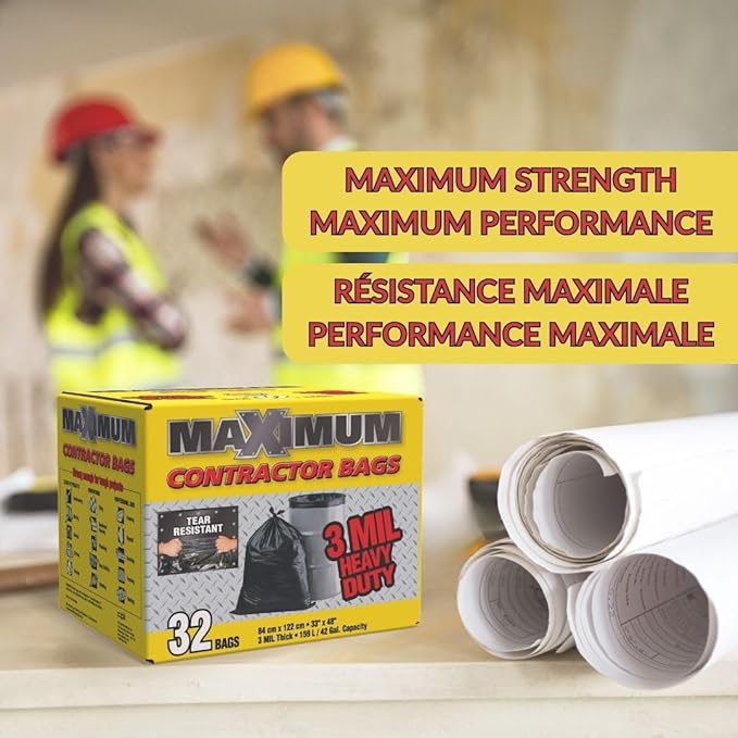 Maximum Heavy Duty Garbage Bags 42-Gallon 3 Mil Black Garbage Bags Extra Large Tear Resistant Industrial Strength 32 Counts