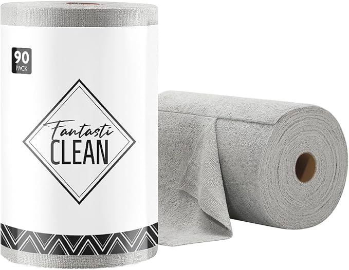 Fantasticlean Microfiber Cleaning Cloth Roll -90 Pack Tear Away Microfiber Towels 12 x 12 Reusable Washable Lint Free Ultra Absorbent Dishcloth for All-Around Cleaning Supplies (Grey)