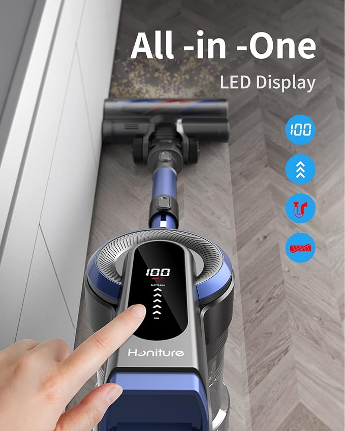 HONITURE Cordless Vacuum Cleaner 450W/35KPa Powerful Stick Vacuum Cleaner w/ LCD Touch Screen 55Min Runtime 6 in 1 Lightweight Handheld Cordless Vacuum for Carpet Pet Hair and Floors S12 (Renewed)