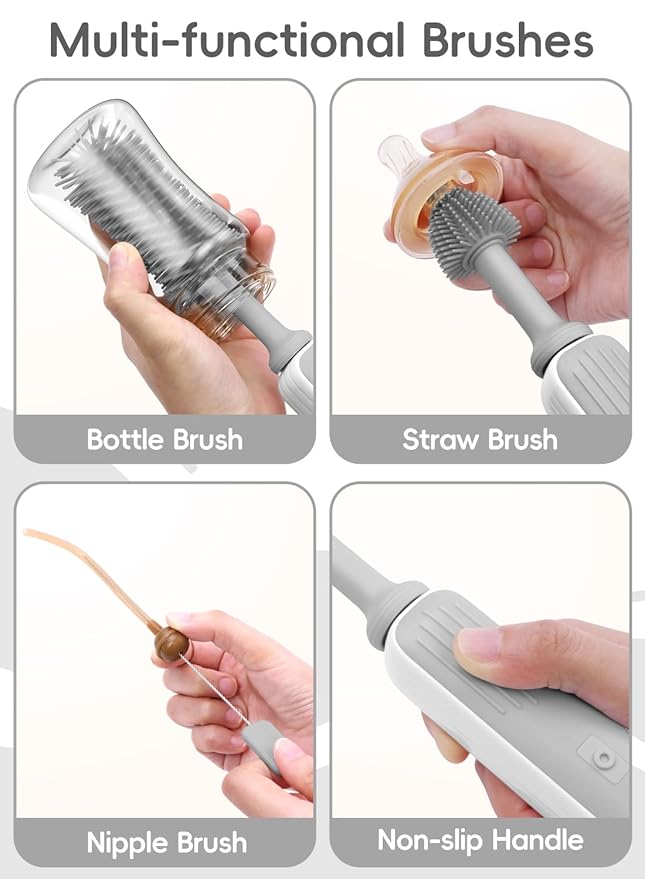 Electric Bottle Brush Cleaner Baby Bottle Brush Travel Set 360° Efficient Cleaning 2000 mAh Battery Travel Bottle Brush Set with Drainage Rack and Storage Box Baby Travel Essential Grey