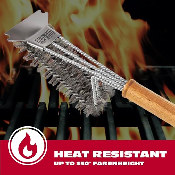 BBQ-AID All Angles BBQ Grill Brush for Outdoor Grill – Cleans All Angles Large Wooden Handle and Stainless Steel Bristles - BBQ Brush for Grill Cleaning – Grill Cleaner Brush Safe for BBQ and Grill