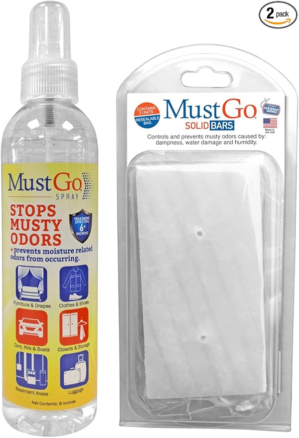 Odor Eliminator MultiPack - Controls Removes and Prevents Musty Smells in Closets Basements Attics Sheds and Storage Units - Unscented - Solid Bars and Spray (8oz)