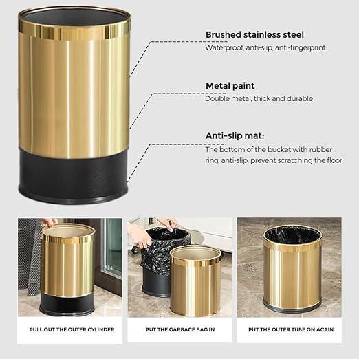 2.6Gallon/10L Brass Bathroom Trash CanBrushed Gold Bathroom Waste BasketGolden Small Garbage Can Waste Basket for BedroomOfficeStoreMetal Trash bin Without lid (Gold)