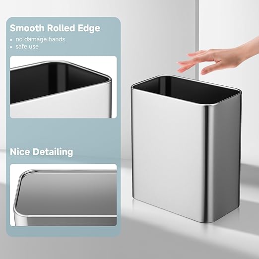 TIPGO Small Metal Trash Can 2.1 Gallon Slim Trash Can for Bathroom Wastebasket Garbage Bin for Bedroom Office Kitchen Under Sink (Silver)