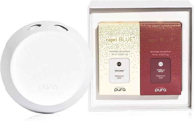 Capri Blue x Pura 4 - Smart Fragrance Diffuser Plug in Kit - Includes 1 Pura Diffuser + 2 Fragrance Refill Vials - Long Lasting Scents - LED Light - 2.4 GHz WiFi Required (Tinsel &amp Spice + Volcano