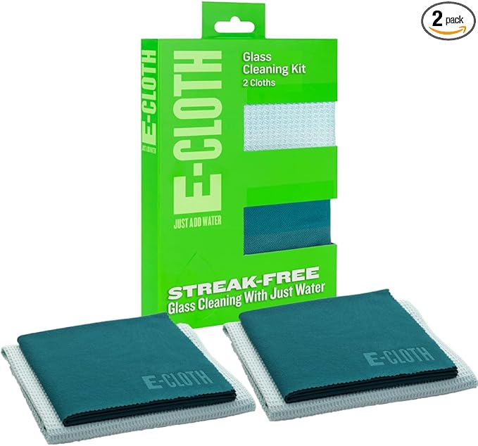 E-Cloth Microfiber Window Cleaning Cloth Kit - Glass Cleaning Cloth for Windows Mirrors Cars Lenses Eyeglasses &amp More Streak Free Clean Machine Washable Reusable Towel - Green (2 Kits)