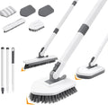 4 in 1 Shower Scrubber Cleaning Brush Tub and Tile Scrubber with Long Handle Grout Brush Stiff Bristles Scrub Sponge Brushes Microfiber Pad for Toilet Bathroom Kitchen Wall Floor Glass Bathtub Sink