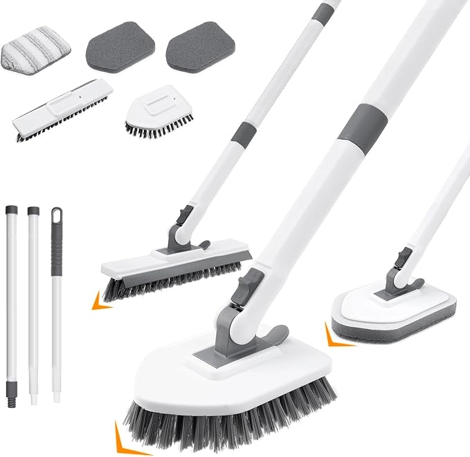 4 in 1 Shower Scrubber Cleaning Brush Tub and Tile Scrubber with Long Handle Grout Brush Stiff Bristles Scrub Sponge Brushes Microfiber Pad for Toilet Bathroom Kitchen Wall Floor Glass Bathtub Sink