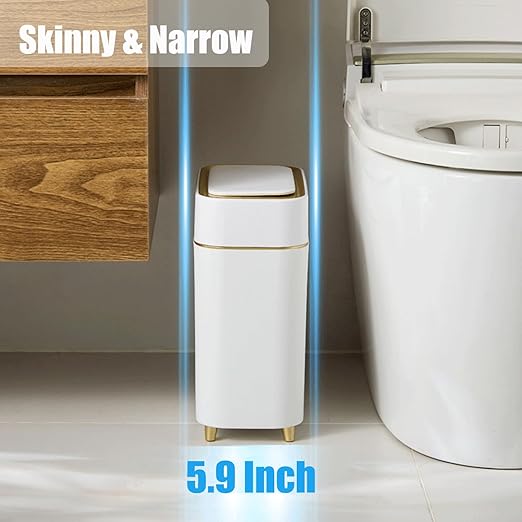 Yatmung 2-Pack - Automatic Compact Trash Can with Touchless Lid Smart Garbage Can - Waste Basket for Bathroom Bedroom Laundry Room Small Spaces - Motion Sensor Trash Bin - White with Gold Edge