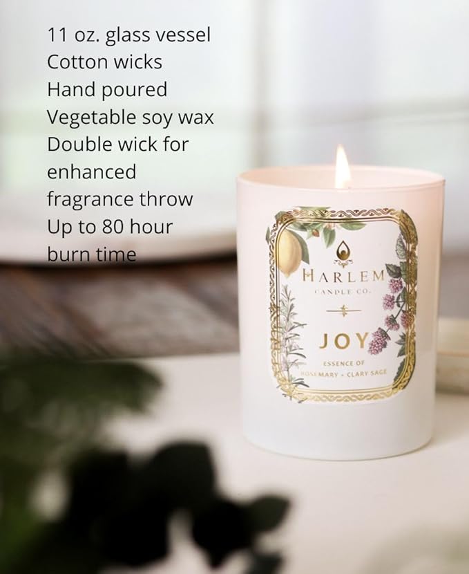HARLEM CANDLE CO. - Joy - Luxury Scented Soy Candle 11 oz - 80-Hour Burn Time | Fresh Mint Italian Lemon Rosemary Jasmine Petals Cedarwood Amber Musk | Scented Candles for Home