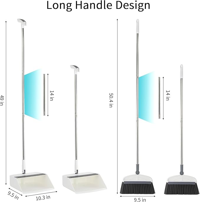 Broom with Dustpan Combo Set 2 in 1 Broom and Dustpan Set with Long Handle Upright 180° Rotating Broom with Brush and Lightwight Dust Pans for Home Kitchen Room Office Lobby Floor CleaningWhite