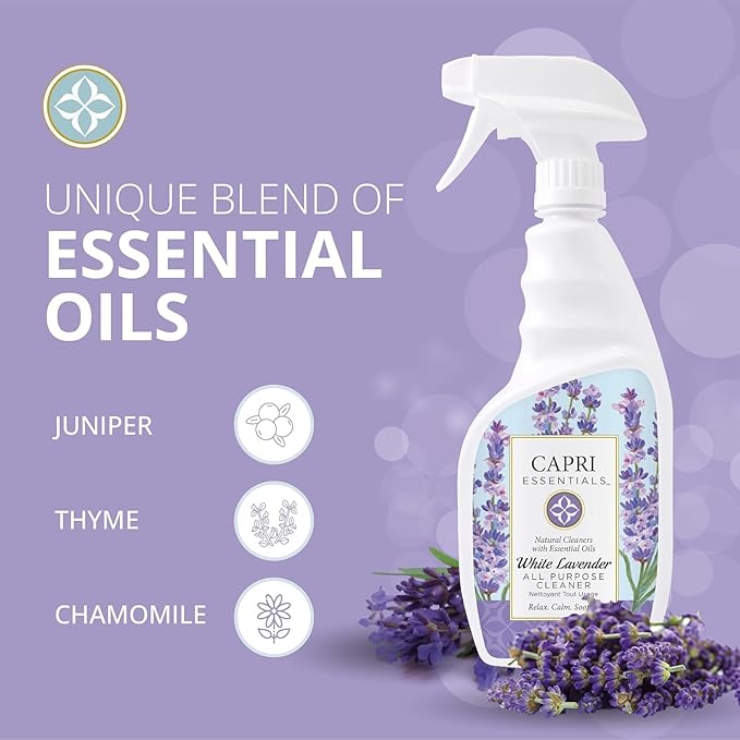 CAPRI ESSENTIALS All Purpose Cleaner Natural Household Cleaning Supplies Plant Based Kitchen Counter Surface Spray Removes Dirt &amp Grime Blend of Essential Oils White Lavender 23 FL Oz (6 Pac