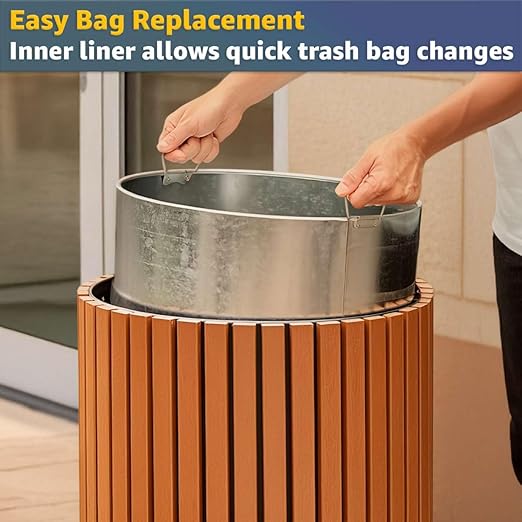17 Gallon Round Outdoor Trash Can - Heavy Duty Steel &amp Wood Composite Commercial Decorative Garbage Bin with Open Lid Durable Park Retail &amp Transit Waste Container