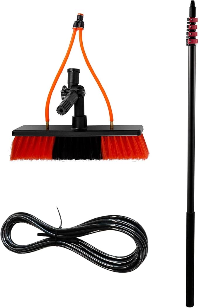 Telescopic Pole Kit Cleaning BrushWater Fed Pole Kit Solar Photovoltaic Panel Car Trucks 20m/65.6ft Hose Rotating Cleaning Brush Adjustable Window Glass Cleaning Pole 2 Water Pores6m/20ft