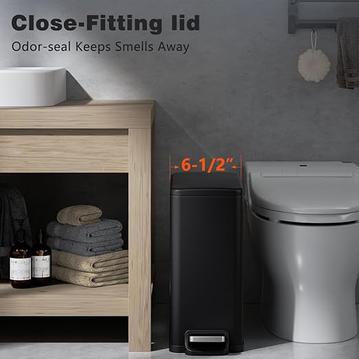 Slim Bathroom Trash Can with Lid Soft Close 2.6 Gallon Stainless Steel Garbage Can with Removable Inner Bucket Durable Step Pedal Small Trash Bins for Toilet Bedroom Kitchen Office