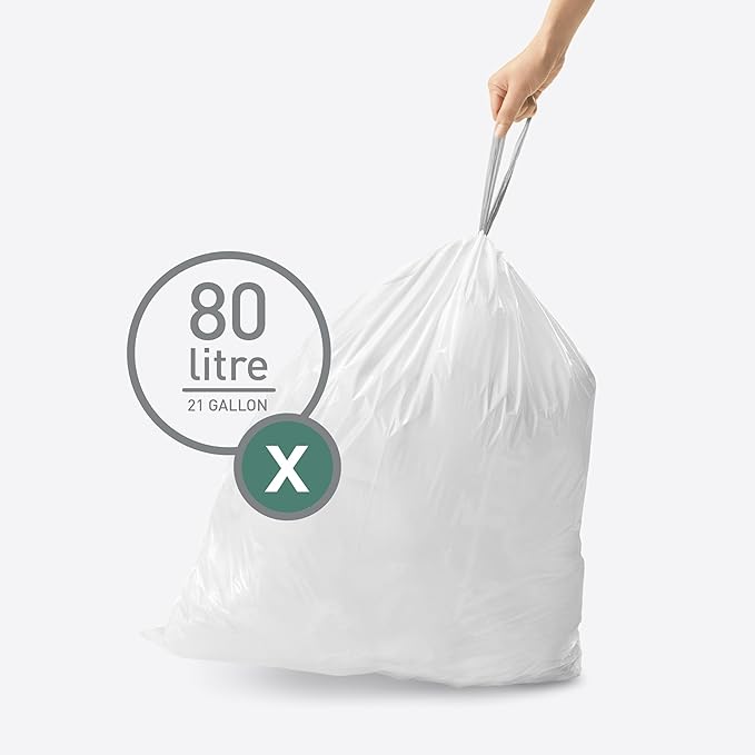 simplehuman Code X 100 Count Dispenser Pack Custom Fit Liners Drawstring Trash Bags 80 Liter / 21.1 Gallon White