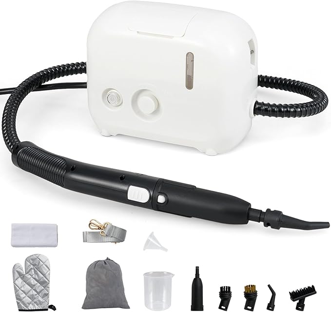 COSTWAY 1500W Portable Steam Cleaner Household Steamer with 34 oz/1 L Water Tank Multipurpose Pressurized Steam Cleaning Machine for Car Upholstery Kitchen Bathroom Grout &amp Tile White