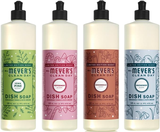 Mrs. MEYER'S CLEAN DAY Dish Soap 4 Pack Variety Pack Iowa Pine Peppermint Snow Drop Gingerbread 16 Fl Oz Each 1 CT