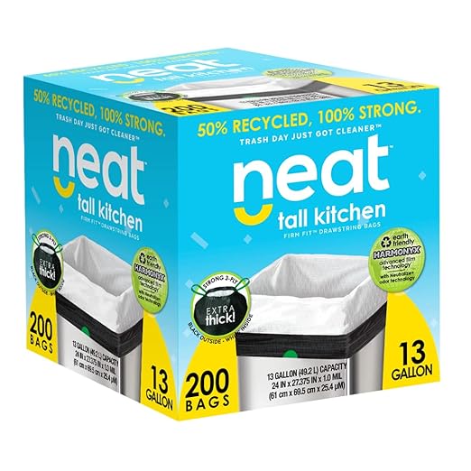 Neat Tall Kitchen 13 Gallon Drawstring Trash Bags - (MEGA 200 Count) - Triple Ply Fortified Eco-Friendly 50% Recycled Material Neutralize+ Odor Technology Reversible Black and White Garbage Bags