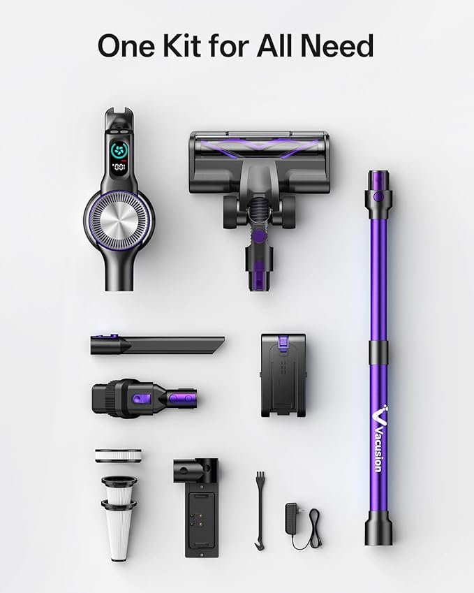 Cordless Vacuum Cleaner 8-in-1 Cordless Stick Vacuum Cleaner with 3 Suction Modes Up to 45mins Runtime Rechargeable Self-Standing Vacuum Cleaners for Home Pet Hair Carpet Car Hard Floor Purple