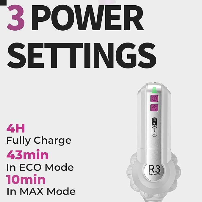 ROOMIE TEC R3 Cordless Stick Vacuum Cleaner Fadeless Suction Power for Floor and Carpet Up to 43 Min Powerful Battery Bagless Large Capacity Extra Wide Roller LED Headlights and HEPA Filtration