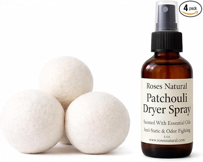 Wool Dryer Balls &amp Dryer Spray Bundle – 3 Reusable Dryer Balls + Plant-Based Essential Oil Dryer Spray Natural Fabric Freshener Anti-Static &amp Odor Fighting (Patchouli)