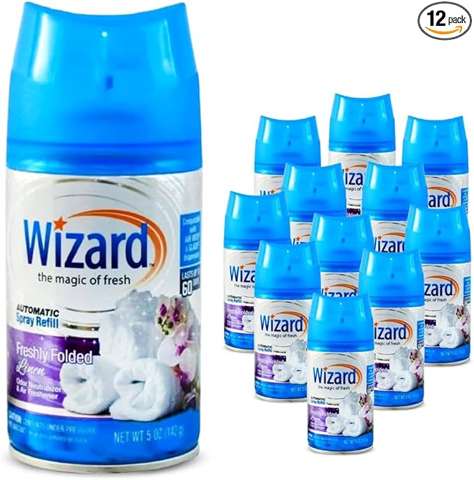 12 WIZARD AUTOMATIC SPRAY REFILLS FRESHLEY FOLDED LINEN 5 oz