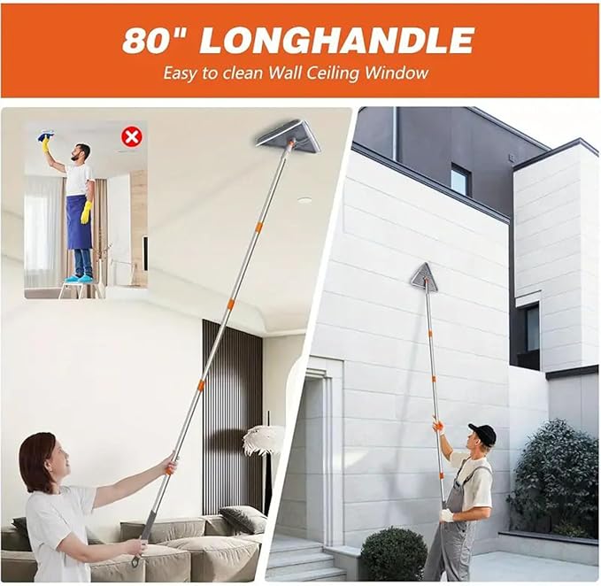 Wall Cleaner Mop with Long 81 HandleBaseboard Cleaner Tool with Handle180° Folding Ceiling Tool Duster with Squeegee360 Rotatable Wall Mop (Square + Triangle Set)