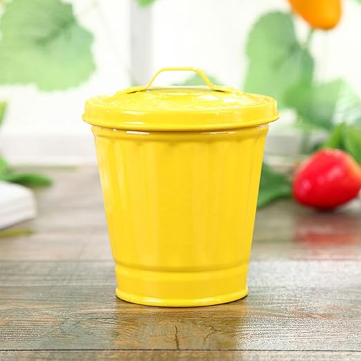 5pcs Mini Desktop Trash Cans with Lid 9cm Diameter Yellow Iron Tiny Garbage Bins Decorative Small Wastebaskets for Office Bedroom Living Room Storage